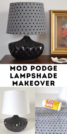 lampshade makeover with mod podge and lamp shade in black and white