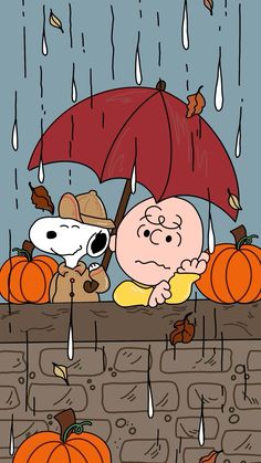 a cartoon character holding an umbrella in the rain with peanuts and charlie brown on it