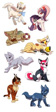 many different types of cartoon animals are shown in this image, including cats and dogs