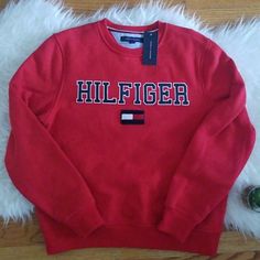 Tommy Hilfiger Red Hilfiger Flag Sweatshirt Red Letter Print Top For Winter, Sporty Red Tommy Hilfiger Top, Tommy Hilfiger Red Long Sleeve Top, Tommy Hilfiger Red Crew Neck Top, Tommy Hilfiger Letter Print Tops For Fall, Tommy Hilfiger Red Cotton Top, Red Cotton Tommy Hilfiger Tops, Red Tommy Hilfiger Cotton Top, University Red Letter Print Tops For Winter