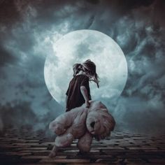 a girl is holding two teddy bears in front of a full moon and cloudy sky