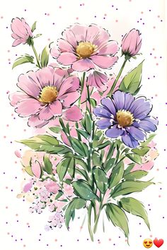 a bouquet of pink and purple flowers on a white background with polka dotes around it