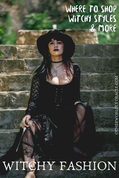 Wondering what styles = witchy fashion these days? Confused where to shop for witchy clothes? Check out our suggestions here. Cute Witch Aesthetic Outfits, Witchy Mom Aesthetic, Hedge Witch Aesthetic Fashion, Witch Clothing Aesthetic Modern, Witch Style Outfits Modern, Witch Vibes Outfit Modern, Plus Size Witchy Boho Fashion, Witchy Tea Party Outfits, Gothic Witch Aesthetic Outfits