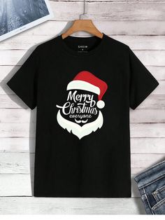 Men's Santa Claus Printed T-Shirt Black Casual  Short Sleeve Fabric Christmas,Slogan  Non-Stretch  Men Clothing, size features are:Bust: ,Length: ,Sleeve Length: Cheap Christmas T-shirt With Text Print, Black T-shirt With Christmas Print, Christmas Black Graphic Tee T-shirt, Black Santa Shirt, Christmas Slogans, Christmas Funny Print Short Sleeve T-shirt, Santa Claus, All Fashion, Print T Shirt