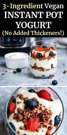 yogurt with berries and granola in a glass bowl