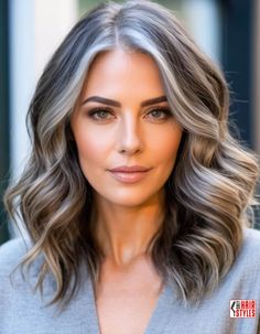 Transition Brunette To Gray, Brownish Gray Hair, Blend Gray Roots Brunettes, Grey And Brown Hair Highlights, Dark Brown With Gray Highlights, Hair Color For Graying Hair Highlights, Brown With Gray Hair, Highlights That Cover Gray Hair, Heavy Highlights To Cover Gray