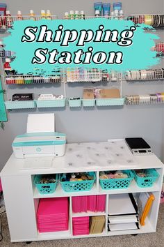 a sewing station with lots of crafting supplies on it and the words shipping station above it