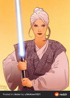 a woman with a light saber in her hand