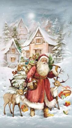 a painting of santa claus with his reindeers in front of a christmas tree and house