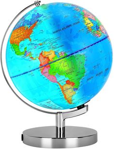 an image of a blue and green globe on a metal stand with the map visible