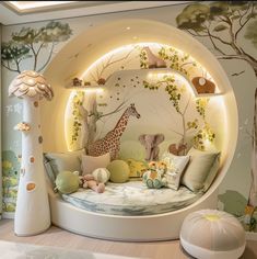 a child's room with a circular bed and stuffed animals