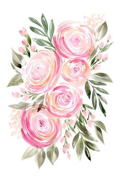 a bouquet of pink flowers with green leaves on a white background, watercolor painting