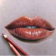 a pencil drawing of a woman's lips with lipstick on the bottom and one eye open