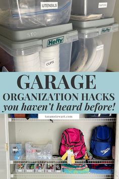 an organized closet with plastic containers and bins on the shelves, labeled garage organization hacks you haven't heard before