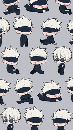 many different cartoon faces with black and white hair, one in the middle has his eyes closed