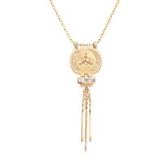 Yes we are dreaming of all things Celine, especially this stunning diamond Merkabah Totem necklace! This 14kt yellow gold necklace is a true one of a kind treasure, featuring a kind of art-deco style design with cut outs and engraved details on an elongated medallion plate pendant. A variety of baguette diamonds and round diamonds are sprinkled throughout the necklace. This necklace is composed of two intersecting tetrahedrons that spin in opposite directions. The necklace is complete with a das Gold Necklaces With Baguette Diamonds, Fine Jewelry Yellow Gold Necklace With Baguette Diamonds, Totem Necklace, Celine Daoust, Yellow Gold Necklace, Baguette Diamonds, Fringe Necklace, Baguette Diamond, Deco Style