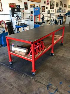 a workbench in a garage with tools on it