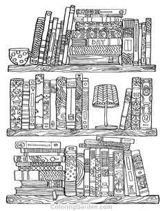 a black and white drawing of bookshelves with different designs on the top shelf