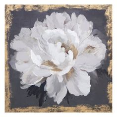 a large white flower on a black and gold framed painting by artist susan grisby