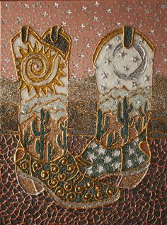 an image of two boots with the sun and moon in them on a brown background