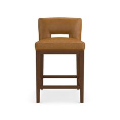 a brown leather bar stool with an open back and seat cushion on the front, viewed from the side