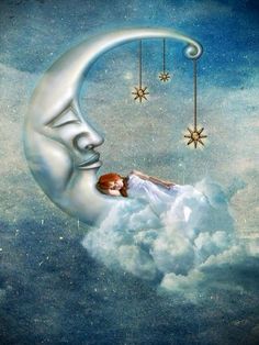 a painting of a woman laying on the moon with stars hanging from it's sides