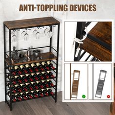 the wine rack has many bottles on it