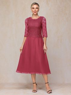 Cinnamon_Rose Pink Chiffon Formal Midi Dress, Pink Chiffon Dress For Mother Of The Bride, Dresses With Lace, Tea Length Dress, Lace Neckline, Sleeves Dress, Tea Length Dresses, Mother Of The Bride Dress, Bride Dresses