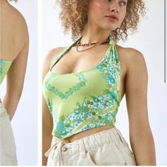 Urban Outfitters Halter Top New With Tags Size S-P Super Stretchy For A Safe Fit Pds Green Floral Print Sleeveless Crop Top, Fitted Green Floral Print Crop Top, Retro Spring Halter Top, Trendy Green Crop Top For Spring, Green Floral Print Crop Top, Casual Floral Print Halter Neck Top, Casual Halter Neck Top For Spring, Chic Floral Print Tops By Urban Outfitters, Chic Urban Outfitters Floral Print Tops