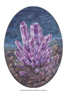 a painting of some kind of purple crystals on a rock with stars in the background