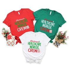 "Christmas Health Care Workers shirt, Medical Crew Xmas, Christmas Nursing tee, Holiday Gifts, Medical Office Asistant shirt, Staff Nurse tee ♥ We design each of our T-Shirts and ship them to you with our uttermost love & passion! ♥ How to order : 1-) Please, Check and Review all Photos. 2-) Select Your T-Shirt Size and Model From the \"Size\" Menu. 3-) Select Your T-Shirt Color from \"Primary Color\" Menu.) 4-) Select the quantity as much as you want. 5-) Click ADD TO CART. You can go back to add more product color for your family members anytime you want, or you can complete the checkout process. 6-) Please click the \"Proceed to Check Out\" button 7-) Finally, your shirts will be ready to ship 1-3 Business Days Please do not hesitate to contact me. I'm ready to service you Unfortunately Staff Nurse, Christmas Tee Shirts, Hospital Gifts, Nurse Christmas, Christmas Hearts, Medical Office, Merry Christmas Shirts, Baby Christmas Gifts, Office Christmas