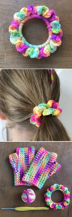 crocheted hair accessories are shown in three different ways