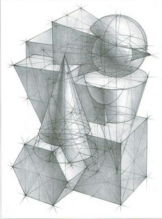 an abstract drawing with lines and shapes in grey tones on a white background, the image is made up of three dimensional objects