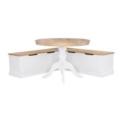 a white table with two benches underneath it