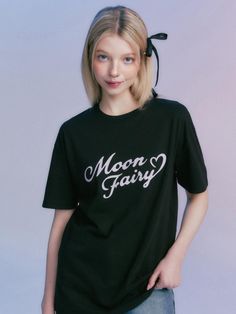 This is a casual and trendy top by MOONFAIRY that is made out of high quality and sturdy material. With distinctive mood of the design and comfortable wear, you can style it for your casual daily outfit.- Unique graphic artwork detail- Soft and sturdy cotton 100% fabric- Young and feminine mood Black Harajuku Top With Letter Print, Cute Black T-shirt With Graphic Design, Cute Black Tops With Letter Print, Cute Black T-shirt With Screen Print, Cute Black T-shirt With Text Print, Cute Black Crew Neck T-shirt, Cute Black Tops With Text Print, Black Harajuku Style Crew Neck Top, Cute Black T-shirt For Spring