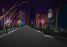 an animated city street at night with trees and buildings