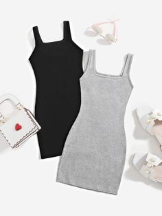 Multicolor Dressy Collar Sleeveless Cotton Plain Tank Embellished Slight Stretch Summer Girls Clothing Simple Dress For Girl, Popular Spring Outfits, Tight Dress Outfit, Kaftan Designs, Luxury Lifestyle Fashion, Celebrity Trends, Ribbed Knit Dress, Easy Trendy Outfits, Simple Trendy Outfits