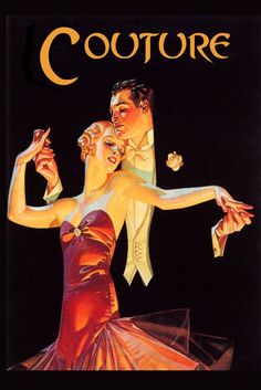 an advertisement for couture featuring a man and woman in evening gowns dancing