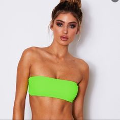 Never Worn! Nwot. Perfect Condition. - Neon Green Bandeau Bikini Top - Straight Across Neckline - Boning In Side Seams - Black Closure At Back - Self Lined - No Padding - Bathers - Bathing Suit Green Strapless Stretch Swimwear, Green Bandeau Tube Top For Swimming, Green Strapless Swimwear For Party, Green Stretch Bandeau Swimwear, Green Strapless Party Swimwear, Green Beachwear Tube Top For Swimming, Green Beachwear Tube Top For Pool, Green Beachwear Tube Top, Green Seamless Bandeau Swimwear