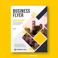 a business flyer with geometric shapes on the cover, and yellow squares in the middle