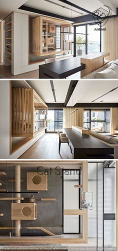 the interior of a modern house with wood accents