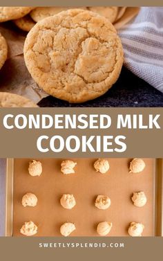 cookies with peanut butter on top and the words, condenseed milk cookies