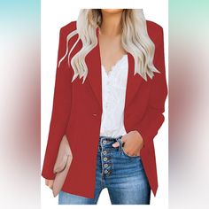 Nwt Women’s Red Blazer, Open Front One Button Red Single Breasted Blazer For Fall, Casual Red Blazer For Fall, Casual Red Blazer With Buttons, Casual Red Fall Blazer, Chic Red Notch Lapel Outerwear, Chic Red Outerwear With Notch Lapel, Red Button-up Blazer For Fall, Casual Red Button-up Blazer, Red Notch Lapel Outerwear With Pockets