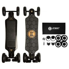 an electric skateboard with wheels and accessories