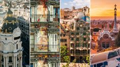 three different views of buildings and the same building with statues on it, from top to bottom