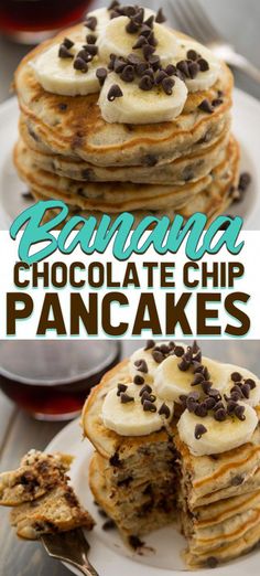 banana chocolate chip pancakes on a white plate