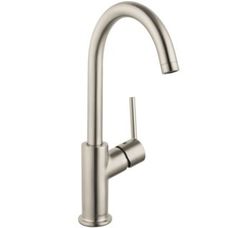 a stainless steel faucet with the handle extended to it's side spout