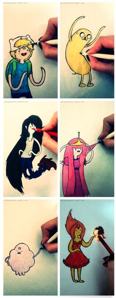 cartoon characters are being drawn with colored pencils