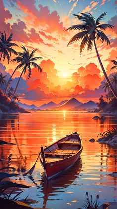 a painting of a boat in the water at sunset with palm trees and mountains in the background