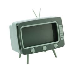 an old fashioned tv sitting on top of a wooden stand in front of a white background